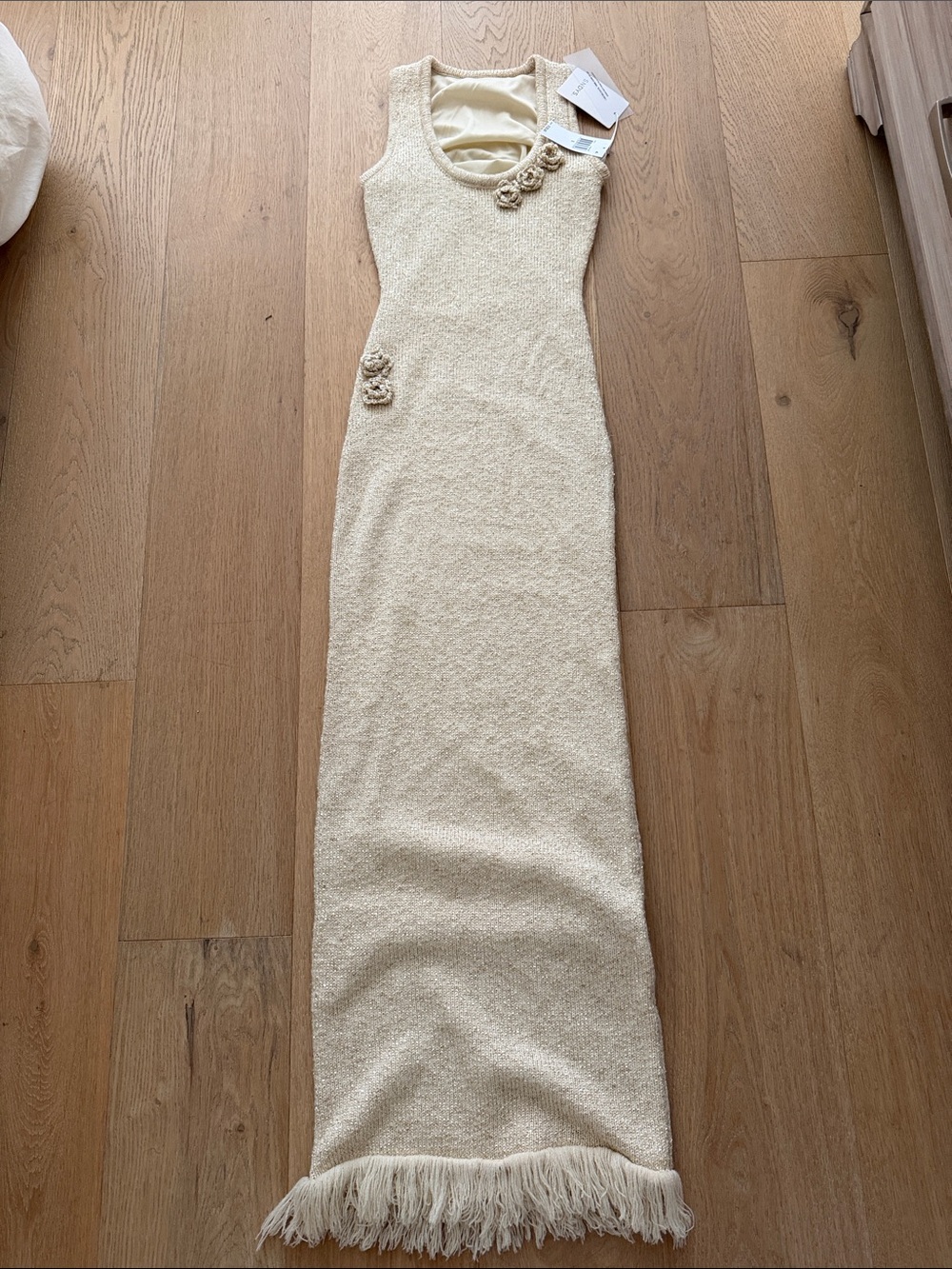 SNDYS Gold Maxi Dress with Rosette Accents and Fringe
